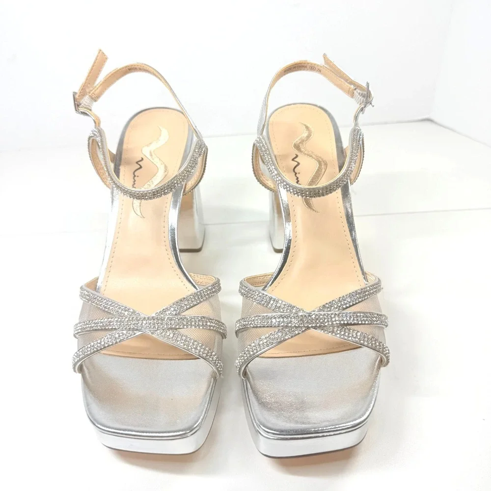 Nina Platform Sandals Women 9.5M Silver Rhinestone Block Heel Dress Shoes - Picture 2 of 9